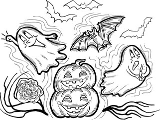 Halloween decorative design composition with pumpkin. ghost, bat. Hand drawn illustration for poster print, party invitation, sale promotion, banner advertisement. Funny, scary cartoon characters.