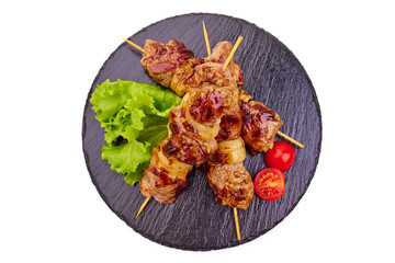 Grilled pork skewers, roasted shish kebab BBQ, isolated on white background.