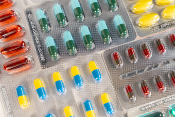 close up pharmaceutical antibiotice pills medicine in blister pack