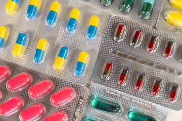 close up pharmaceutical antibiotice pills medicine in blister pack