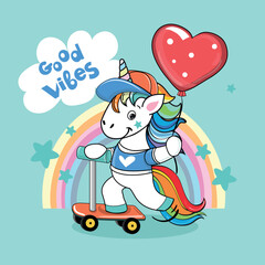 Funny unicorn rides on a scooter on a blue background isolated. Vector cartoon illustration for t-shirt print, birthday card