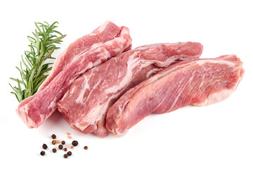 Pork fillet tenderloin with rosemary, raw meat, close-up, isolated on white background.