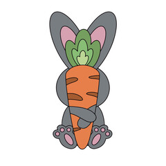 2023 year of the rabbit. Cute rabbit with a carrot. Symbol of the Chinese New Year. Vector illustration isolated on white background.