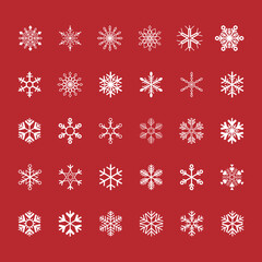 Snowflake collection isolated on red background. Flat snow icons, snow flakes silhouette. Element for christmas and new year design. Geometric ice set.