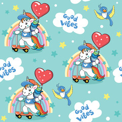 Funny unicorn rides on a scooter on a blue background seamless pattern. Vector cartoon illustration for t-shirt print, birthday card