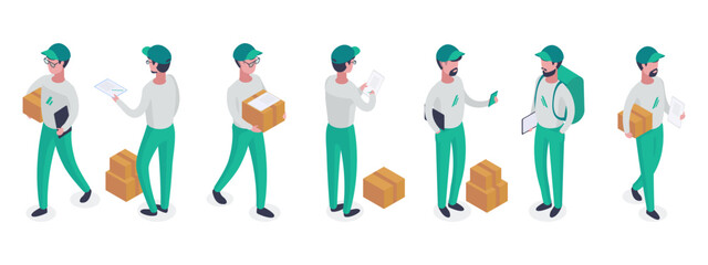 Fototapeta na wymiar Isometric delivery workers, courier service carrying package. Couriers characters, cargo shipping and delivery 3d vector symbols illustrations set. Delivery service workers