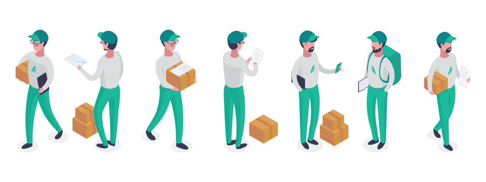 Isometric delivery workers, courier service carrying package. Couriers characters, cargo shipping and delivery 3d vector symbols illustrations set. Delivery service workers