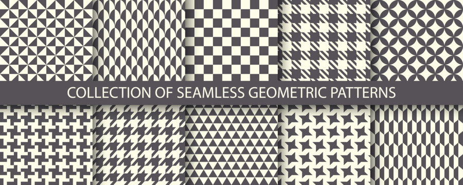 Collection of monochrome seamless geometric patterns. Trendy cloth endless prints. Repeatable unusual simple backgrounds