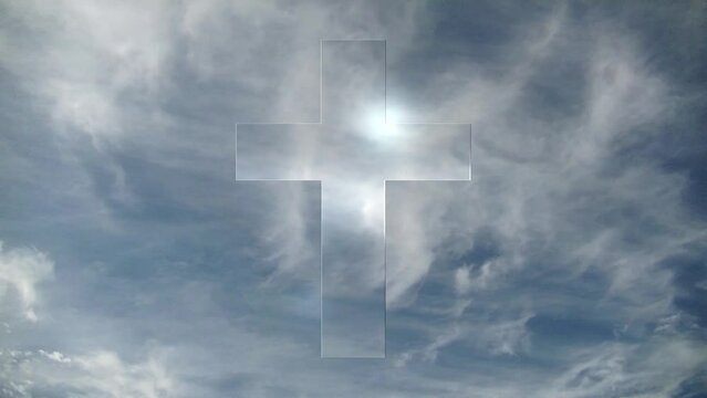 Cross Symbol in front of moving clouds symbolizes Faith and Christianity Loopable Background