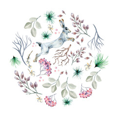 Circle frame of winter plants and hare watercolor illustration isolated on white.