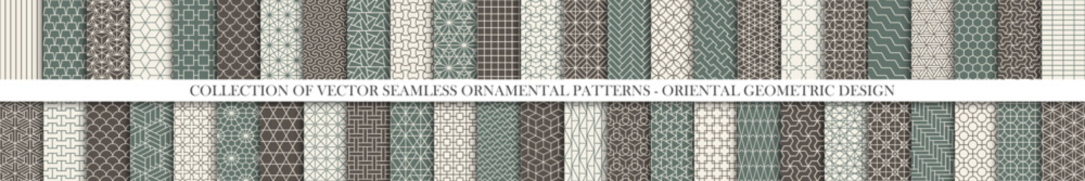 Collection of seamless ornamental vector patterns. Elegant color oriental backgrounds. Creative tile mosaic design. Big bundle of geometry grid arabic prints
