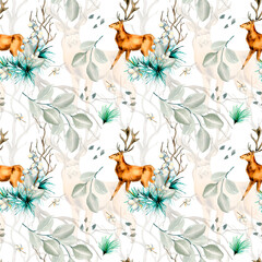 Fototapeta premium Winter plants and deer watercolor seamless pattern isolated on white.