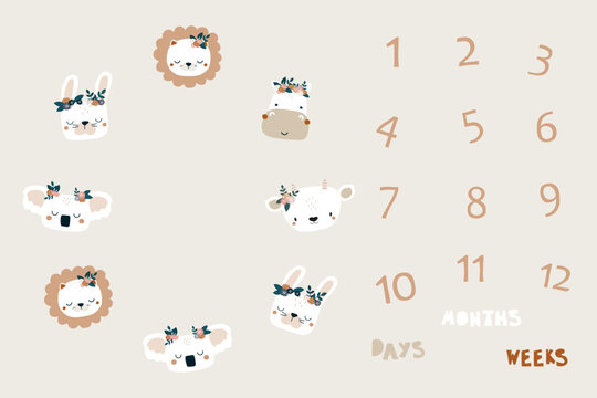 Milestone blanket with cute wild animals faces and numbers. Cartoon print for nursery textile. Vector hand drawn illustration.