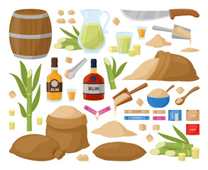 Brown sugar, cartoon sugarcane plant, sweet ingredient heap. Natural product sack or barrel, cane, knife and rum bottles flat vector illustration set. Sugar production industry