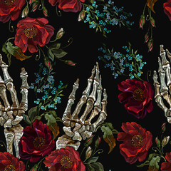 Embroidery. Skeleton hands and red roses. Romantic gothic background. Seamless pattern. Template for clothes, textiles, t-shirt design - 533157828