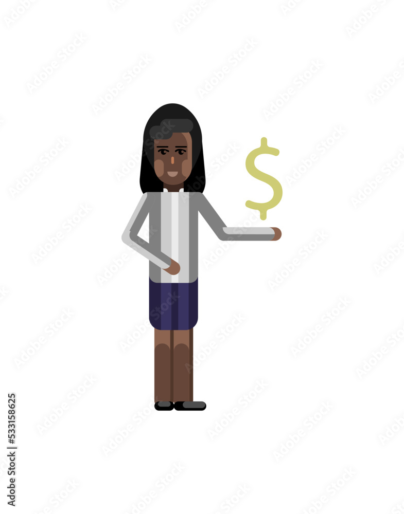 Wall mural African woman in business suit with dollar sign in hand. Corporate business people isolated vector illustration.