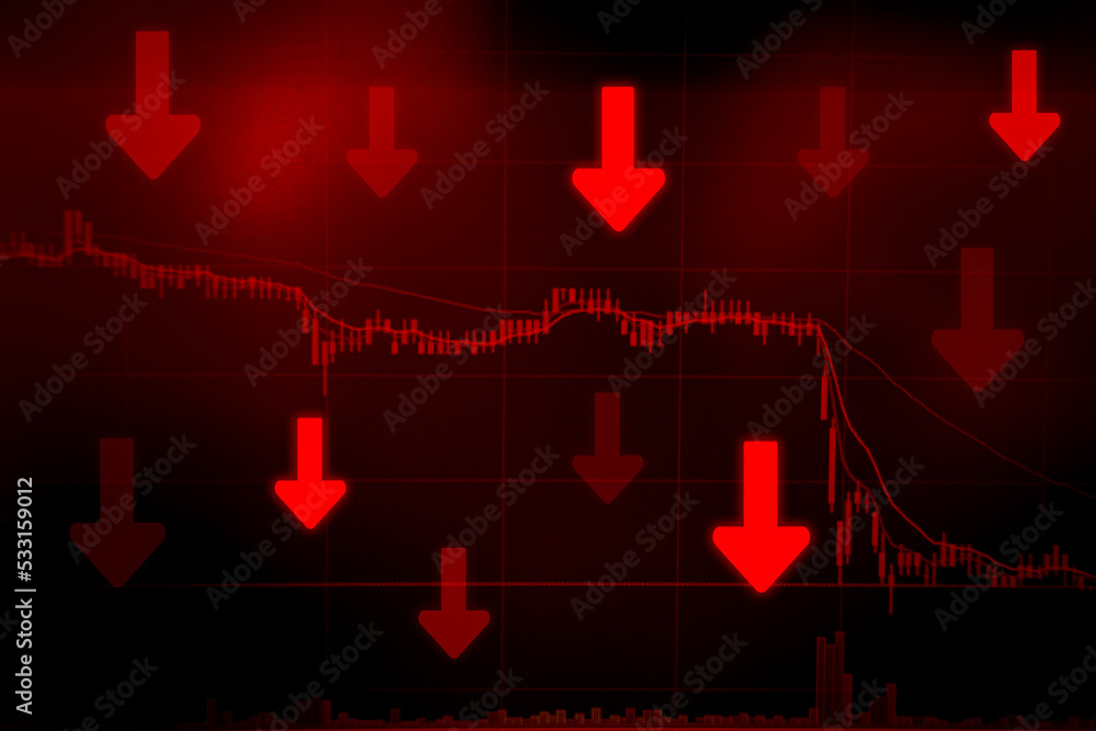 Poster red arrow pointing down with red display screen laptop of data stock market candlestick graph on bac