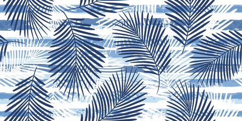Tropical pattern, palm leaves seamless vector floral background. Exotic plant on blue stripes print illustration. Summer nature jungle print. Leaves of palm tree on paint lines. ink brush strokes