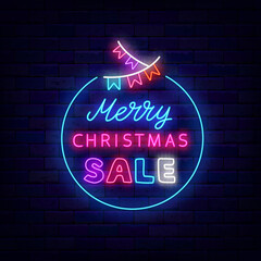 Fototapeta na wymiar Merry Christmas sale neon lettering signboard. Circle frame with garland icon. Vector stock illustration