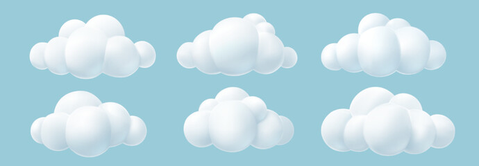 3D white clouds isolated on blue background. Render soft round cartoon fluffy clouds icon.