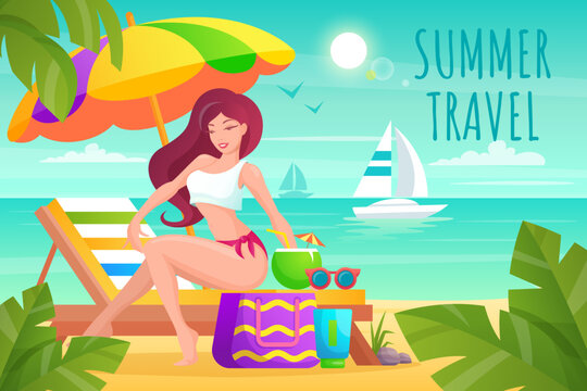Woman in swimsuit sunbathing lying on lounger at sea or ocean beach. Summer time banner design. Vector illustration