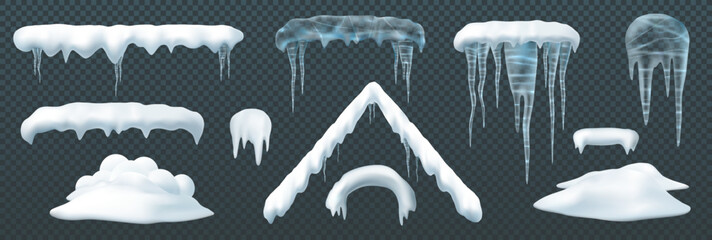 Snow elements. Snow capes piles icicles snowdrift mound bursting Snowball and snowdrifts, icicles and snow caps. Isolated winter vector set. Snowball effect illustration, ice snow globe