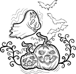Halloween decorative design composition with pumpkin. ghost, bat. Hand drawn illustration for poster print, party invitation, sale promotion, banner advertisement. Funny, scary cartoon characters.