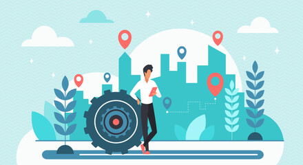 GPS navigation vector illustration. Tiny person holding mobile phone to search and find route on city map with pins on buildings, positioning with navigator app in smartphone and standing near gears