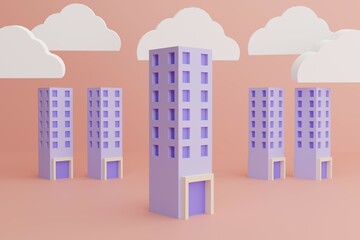 Residential, Condo Building, Residential Building, High-rise Building, Apartment, City Building, 3D illustration with soft light, pastel color model.