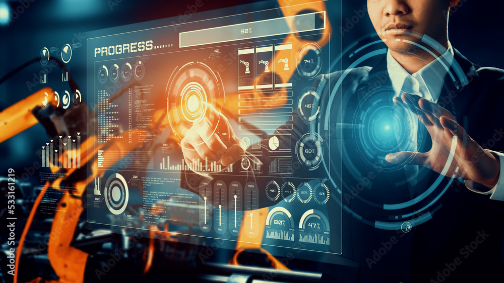 Poster engineer use cybernated robotic software to control industry robot arm in factory . automation manuf