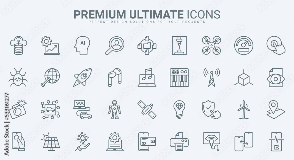 Aufkleber Digital technology thin line icons set vector illustration. Outline AI machine learning, smart home and data communication, internet network symbols, robot support service and eco tech startup