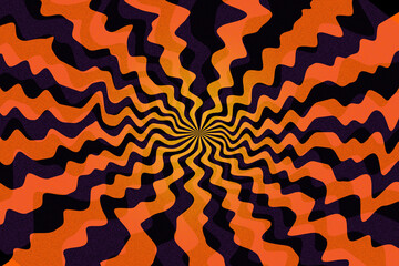 Abstract orange and black sunburst with purple dust pattern background. illustration distorted of orange and black rays for halloween background concept.