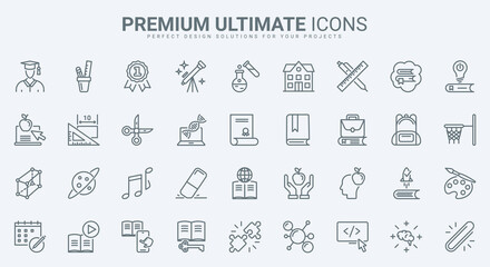 Education, scholarship thin line icons set vector illustration. Outline school and university knowledge and skills, diploma of graduate student, sport and science, research with laboratory microscope
