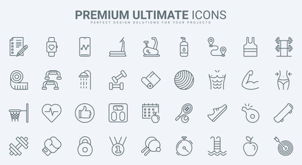 Sport exercises in gym, fitness workout thin line icons set vector illustration. Outline equipment for training strength and muscles of body, diet for weight loss, yoga mat, tennis and basketball