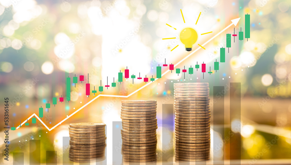 Poster stack of money coin with trading graph candlestick , graph pointing up and light bulb idea on bokeh 
