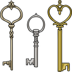 Fototapeta na wymiar set of three vector Victorian keys in color