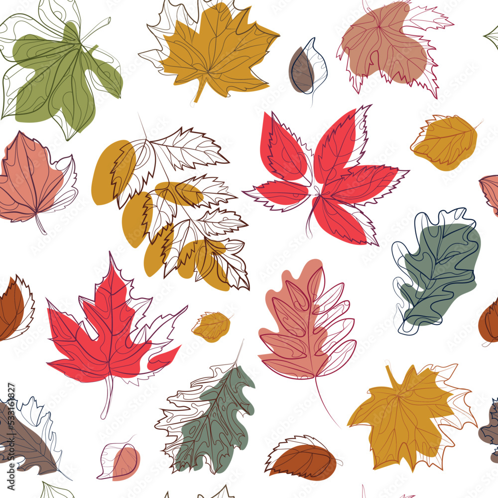 Poster falling leaves of different colors and shapes on white background seamless vector pattern.modern dra
