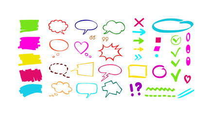 Colorful marker shapes, pointers, lines, and speech bubbles. Big set of hand drawn highlighter design elements