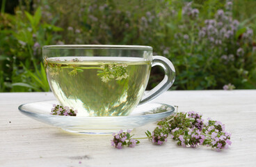 Transparent cup with thyme tea on a gray wooden table