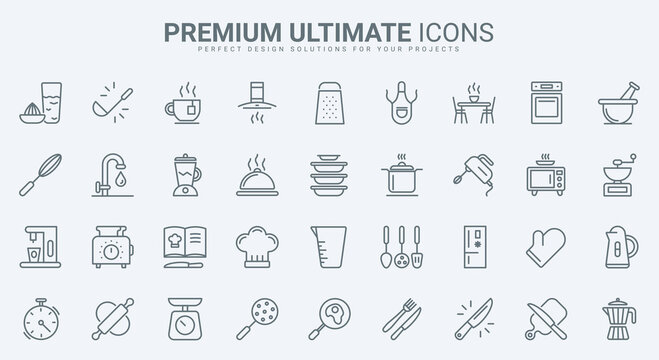 Kitchen equipment and furniture thin line icons set vector illustration. Outline restaurant or home tools and household electric machines symbols, chefs recipe book, utensils for cooking food