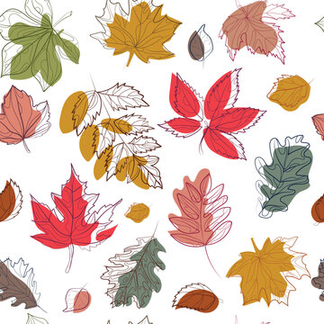Falling leaves of different colors and shapes on white background seamless vector pattern.Modern drawing leaves botanical pattern for autumn decoration,print,fabric,wrapping paper,cover,wallpaper 