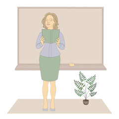 Silhouettes of girls in a modern one line style. Woman teacher reads a book. Continuous line, decor aesthetic outline, posters, wall art, stickers, logo. Vector illustration.