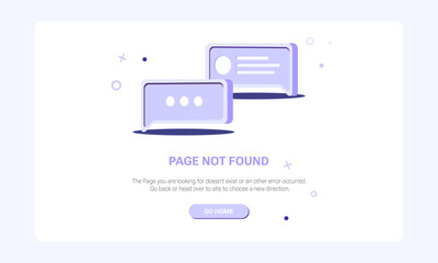 Page not found banner template. Design template for web page with 404 error. Flat illustration of speech message bubble icon on purple background	