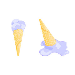 Flat vector illustration of purple ice cream melting and spilling from the waffle cone isolated on white background. Dessert fell to the ground. Minimalistic summer food concept	