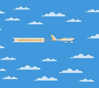 Propeller airplane with banner in cloudy blue sky. Comfortable air transportation banner with side view screw aircraft. Pilot academy advertising, commercial small aviation vector illustration.