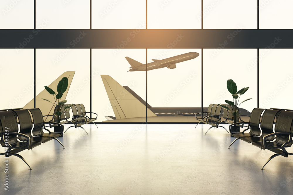 Poster Travel concept with front view on plane taking off through panoramic window in waiting area hall with empty seats in the airport. 3D rendering