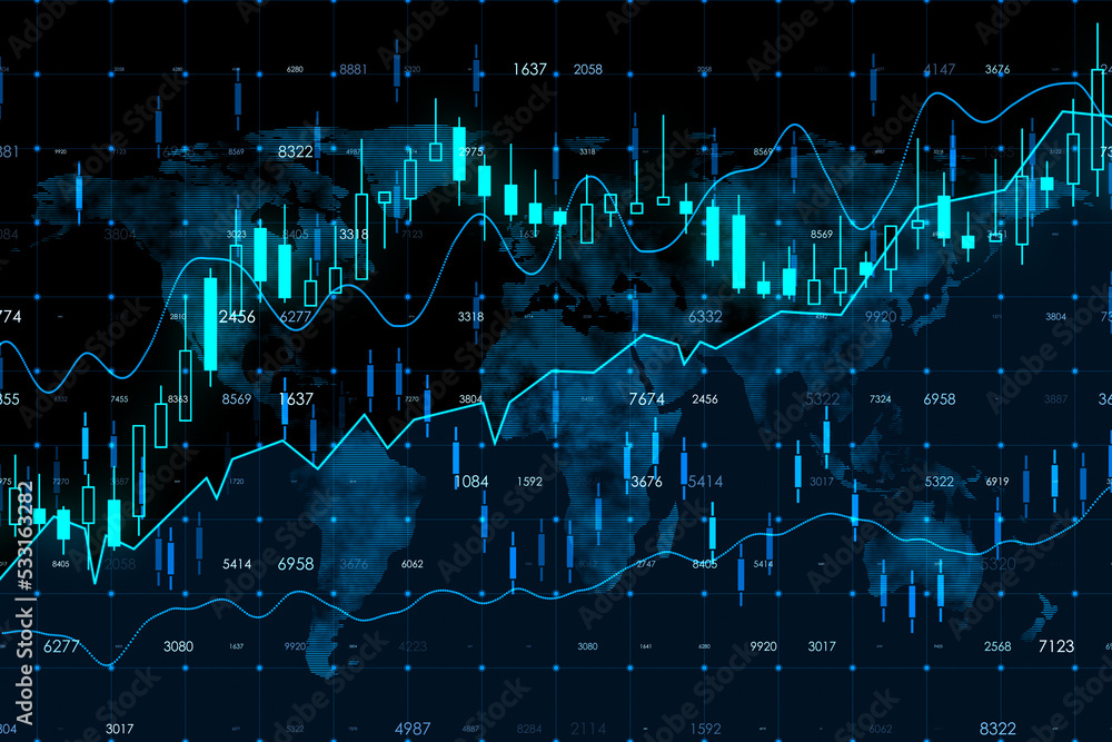 Poster stock market and market growth concept with digital glowing financial chart graphs, diagrams and can