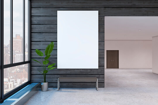 Modern hall way interior with empty white mock up poster on wooden wall, decorative plant and window with city view. Spacious room concept. 3D Rendering.