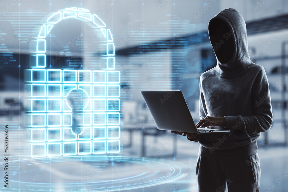 Poster hacker using laptop with abstract glowing padlock hologram on blurry city background. secure, hackin