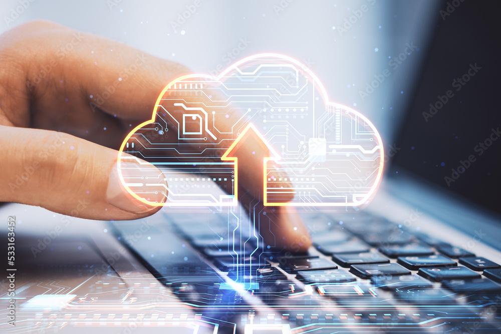 Poster Cloud service and technologies concept with digital cloud symbol with arrow and circuit inside on human fingers typing on modern laptop keyboard background, double exposure